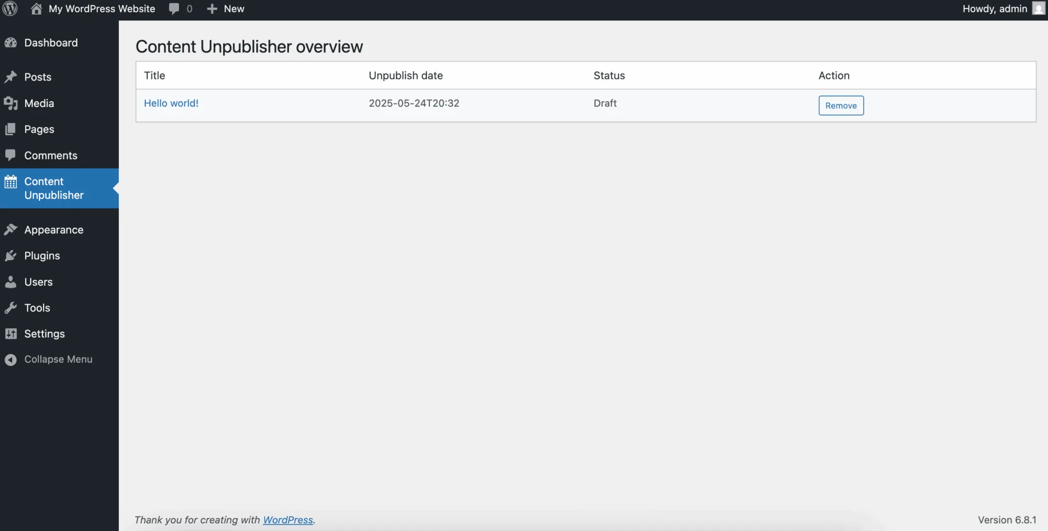 Admin overview table of scheduled actions